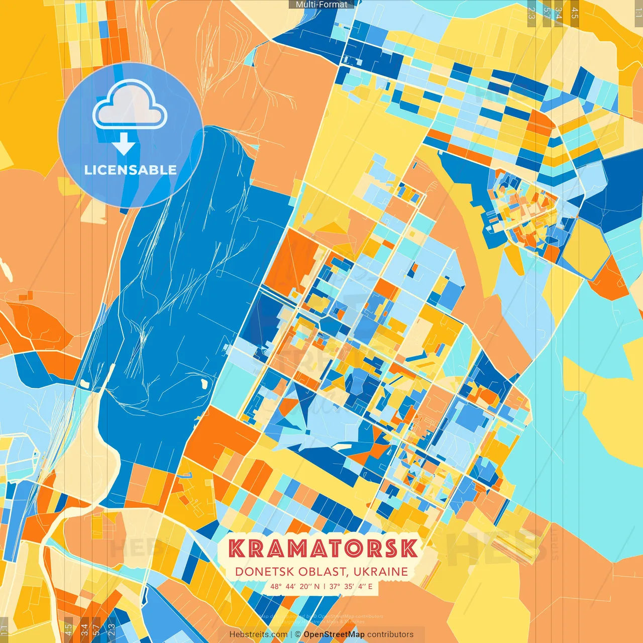 Kramatorsk, Donetsk Oblast, Ukraine blue and orange vector art map template