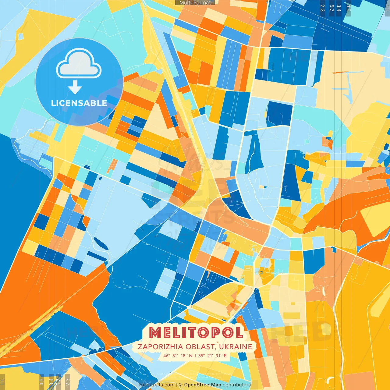 Melitopol, Zaporizhia Oblast, Ukraine blue and orange vector art map template