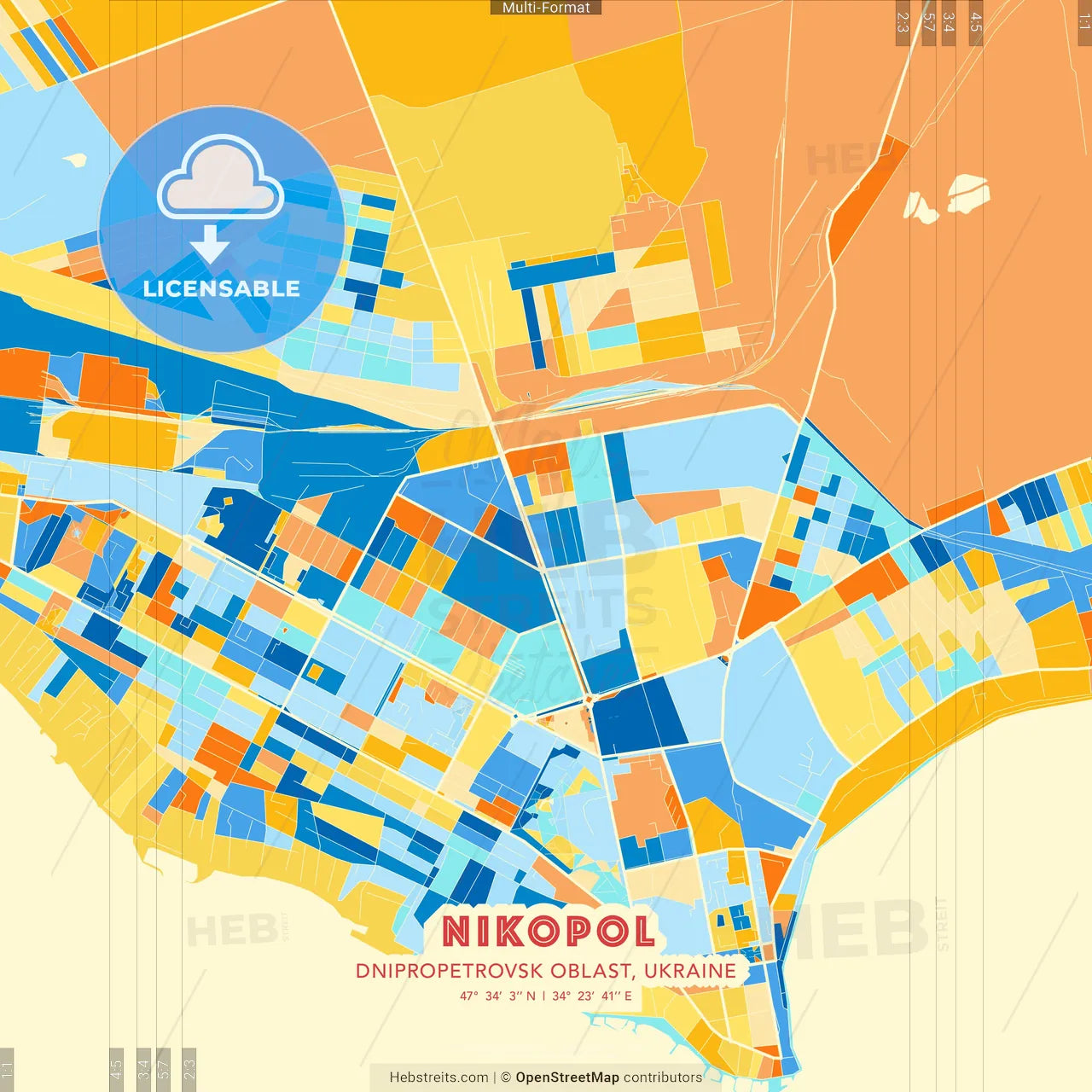 Nikopol, Dnipropetrovsk Oblast, Ukraine blue and orange vector art map template