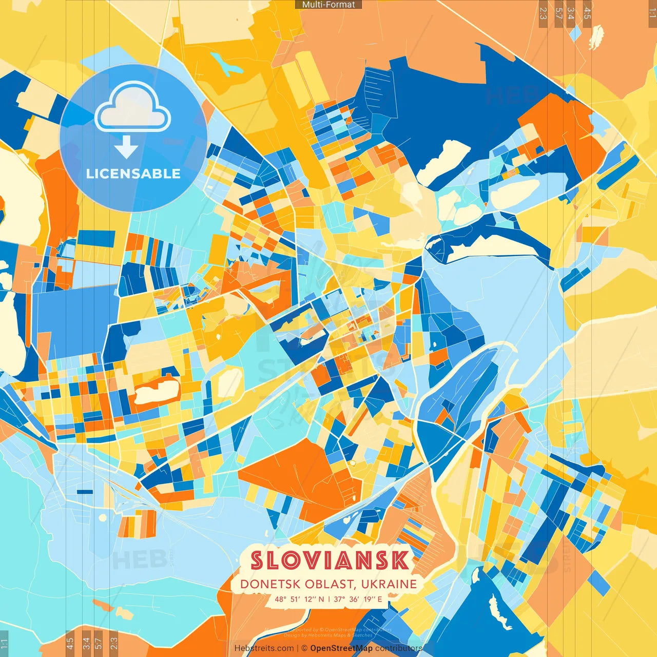 Sloviansk, Donetsk Oblast, Ukraine blue and orange vector art map template