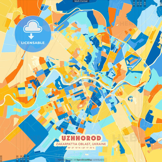 Uzhhorod, Zakarpattia Oblast, Ukraine blue and orange vector art map template