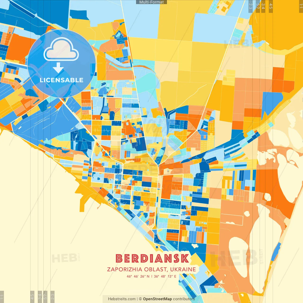 Berdiansk, Zaporizhia Oblast, Ukraine blue and orange vector art map template