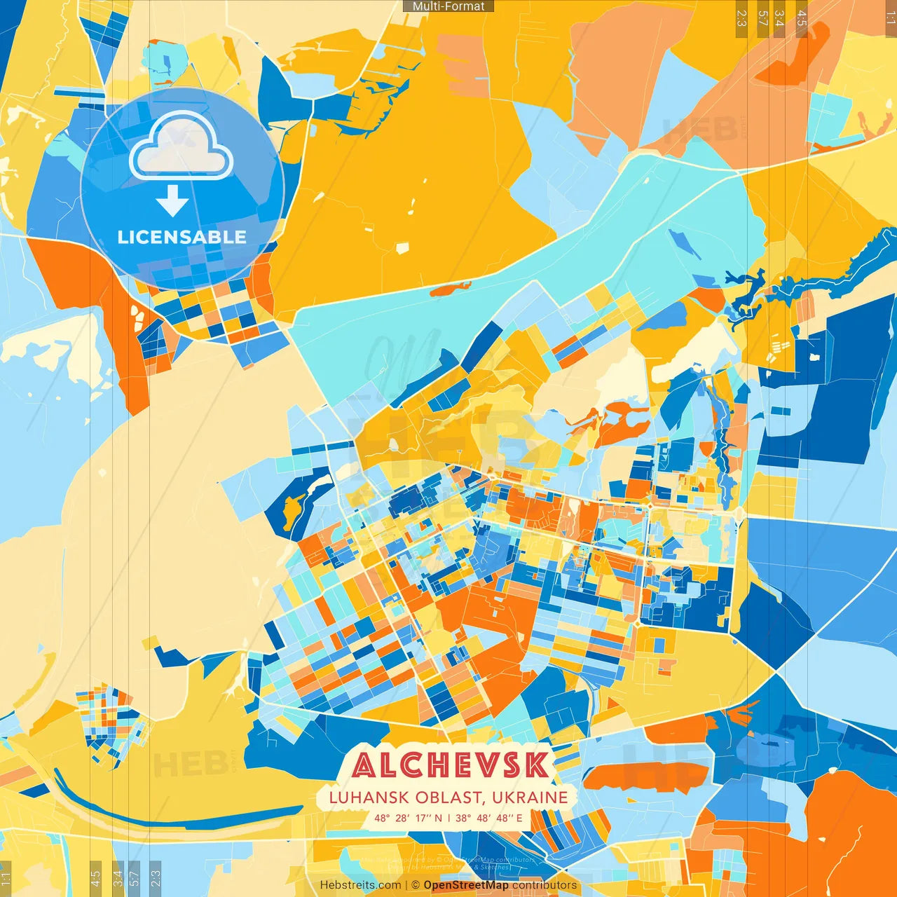 Alchevsk, Luhansk Oblast, Ukraine blue and orange vector art map template