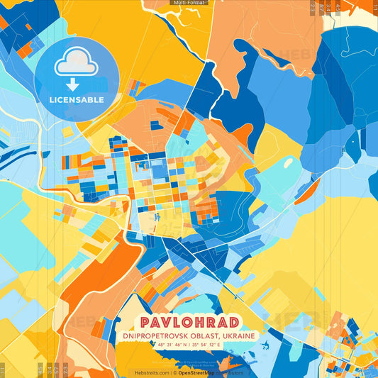 Pavlohrad, Dnipropetrovsk Oblast, Ukraine blue and orange vector art map template