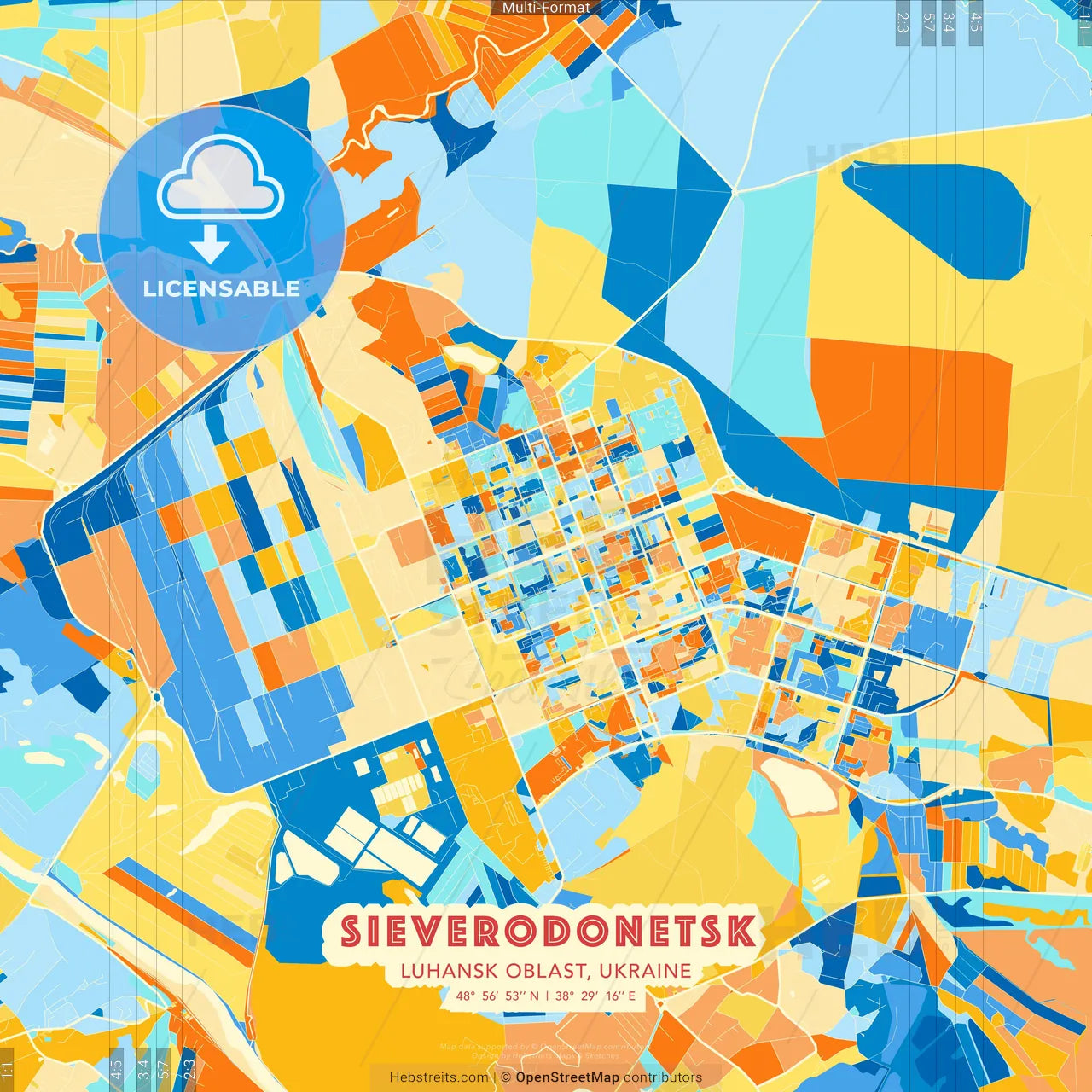 Sieverodonetsk, Luhansk Oblast, Ukraine blue and orange vector art map template