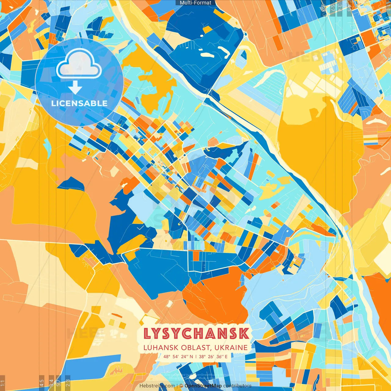 Lysychansk, Luhansk Oblast, Ukraine blue and orange vector art map template