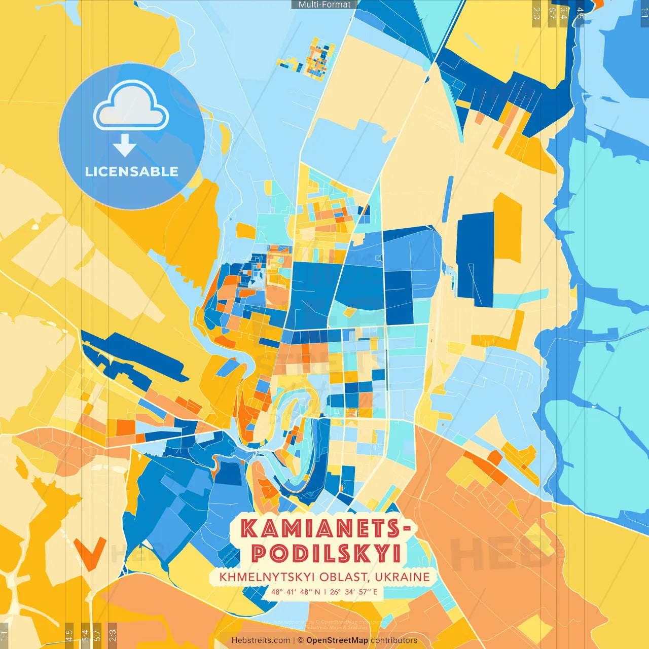 Kamianets-Podilskyi, Khmelnytskyi Oblast, Ukraine blue and orange vector art map template