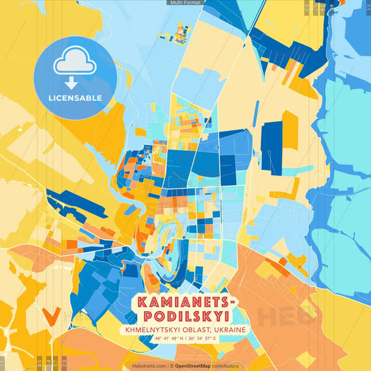 Kamianets-Podilskyi, Khmelnytskyi Oblast, Ukraine blue and orange vector art map template