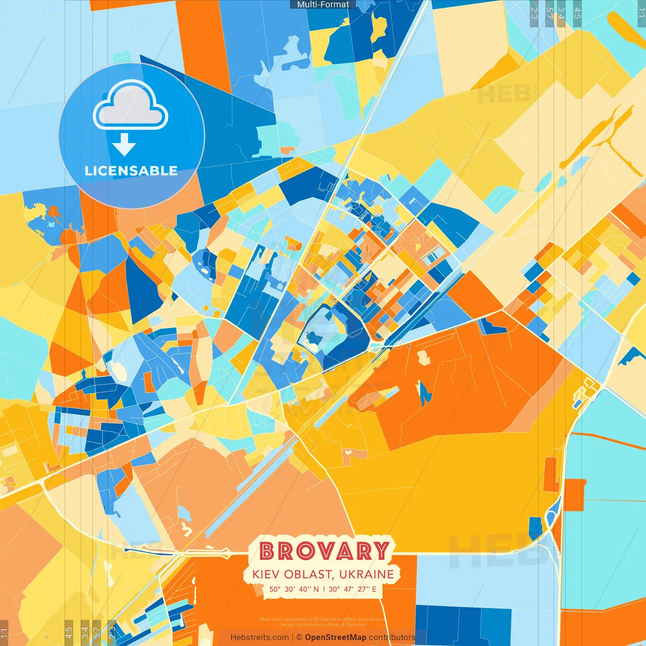 Brovary, Kyiv Oblast, Ukraine blue and orange vector art map template