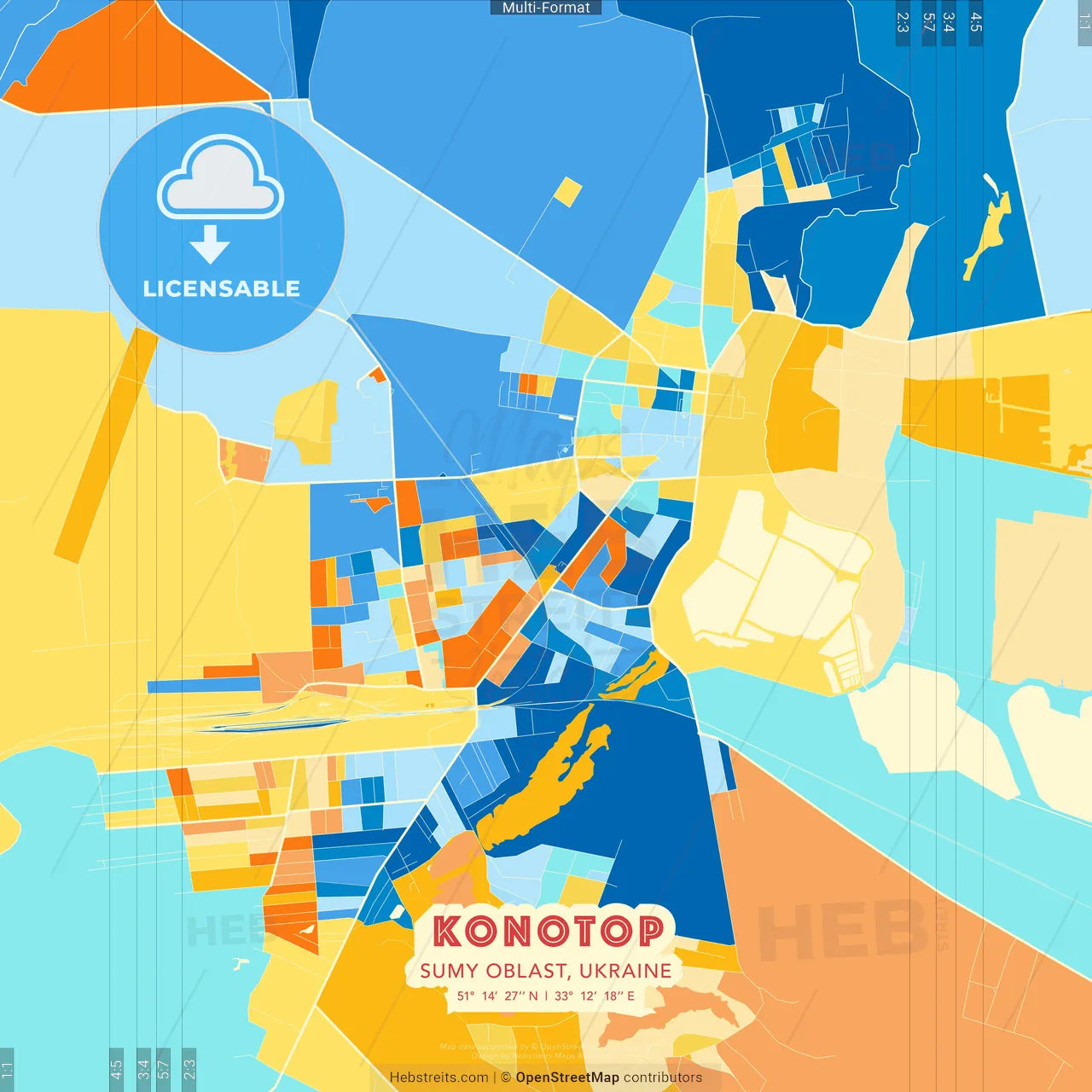 Konotop, Sumy Oblast, Ukraine blue and orange vector art map template
