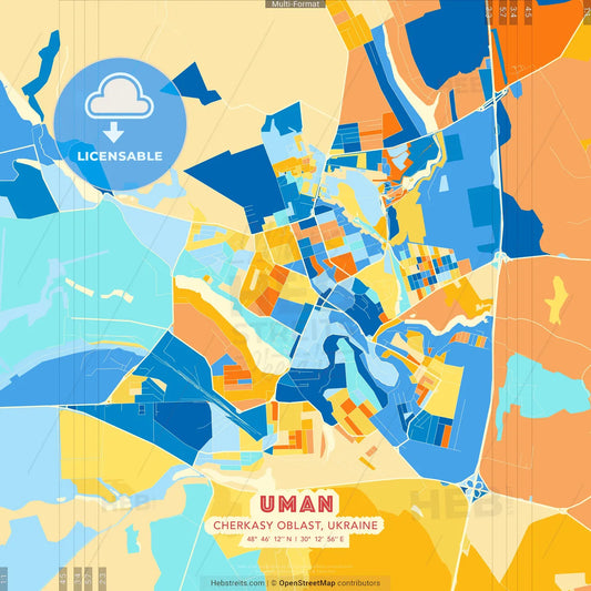 Uman, Cherkasy Oblast, Ukraine blue and orange vector art map template