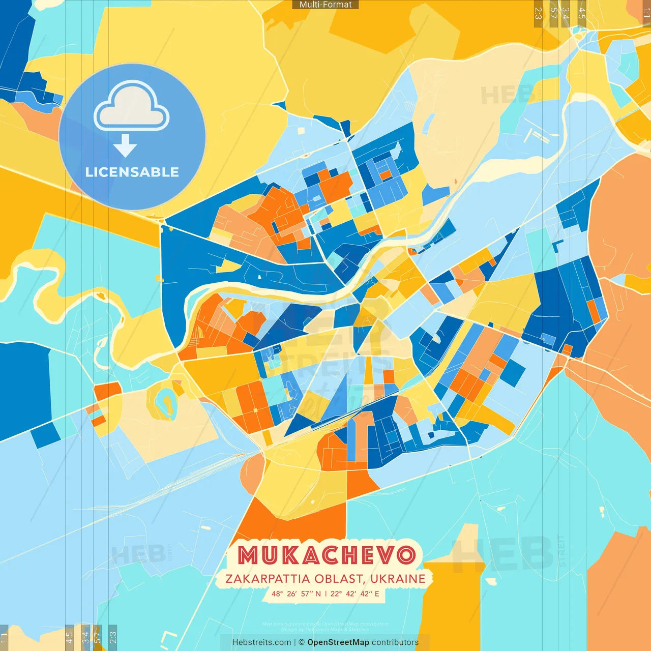 Mukachevo, Zakarpattia Oblast, Ukraine blue and orange vector art map template