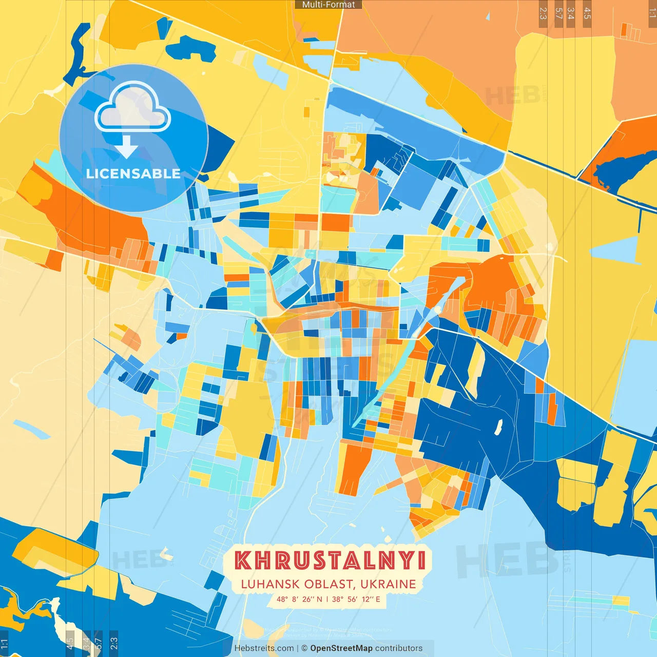 Khrustalnyi, Luhansk Oblast, Ukraine blue and orange vector art map template