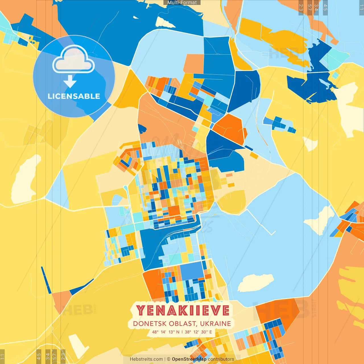 Yenakiieve, Donetsk Oblast, Ukraine blue and orange vector art map template