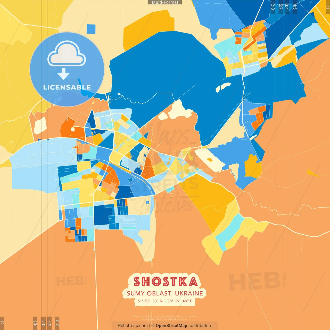 Shostka, Sumy Oblast, Ukraine blue and orange vector art map template