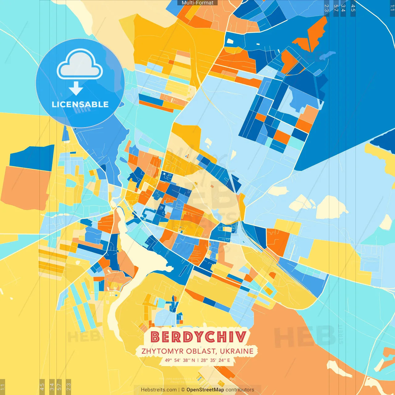Berdychiv, Zhytomyr Oblast, Ukraine blue and orange vector art map template
