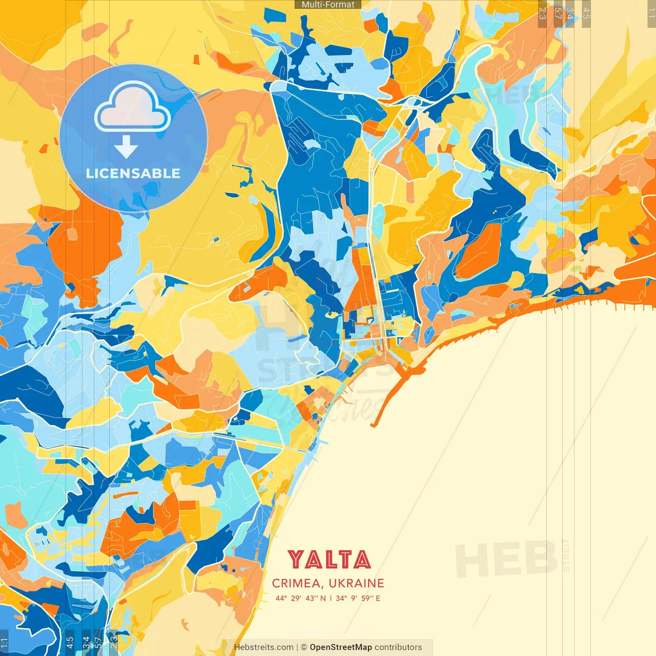 Yalta, Crimea, Ukraine blue and orange vector art map template