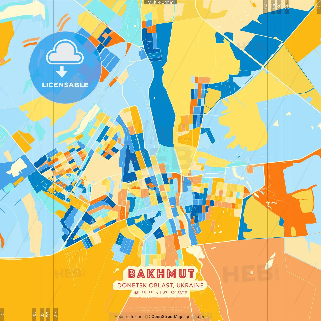 Bakhmut, Donetsk Oblast, Ukraine blue and orange vector art map template