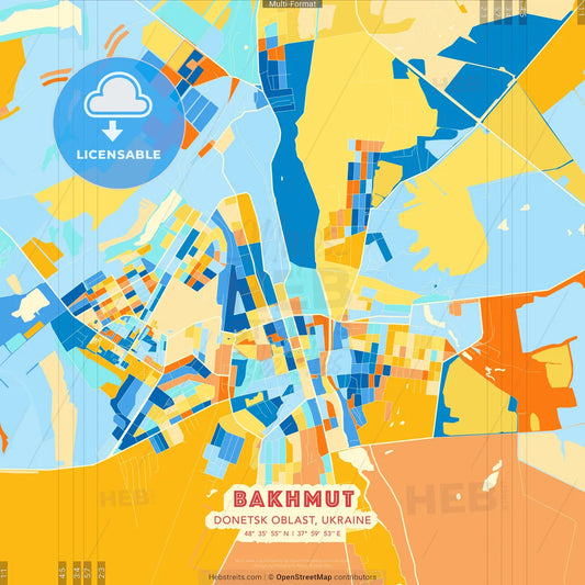 Bakhmut, Donetsk Oblast, Ukraine blue and orange vector art map template