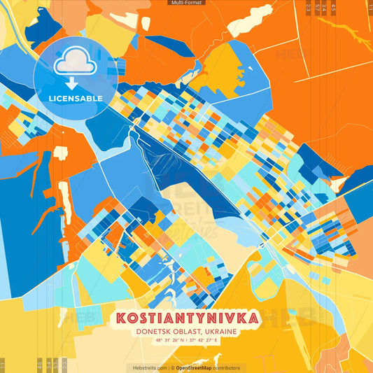 Kostiantynivka, Donetsk Oblast, Ukraine blue and orange vector art map template