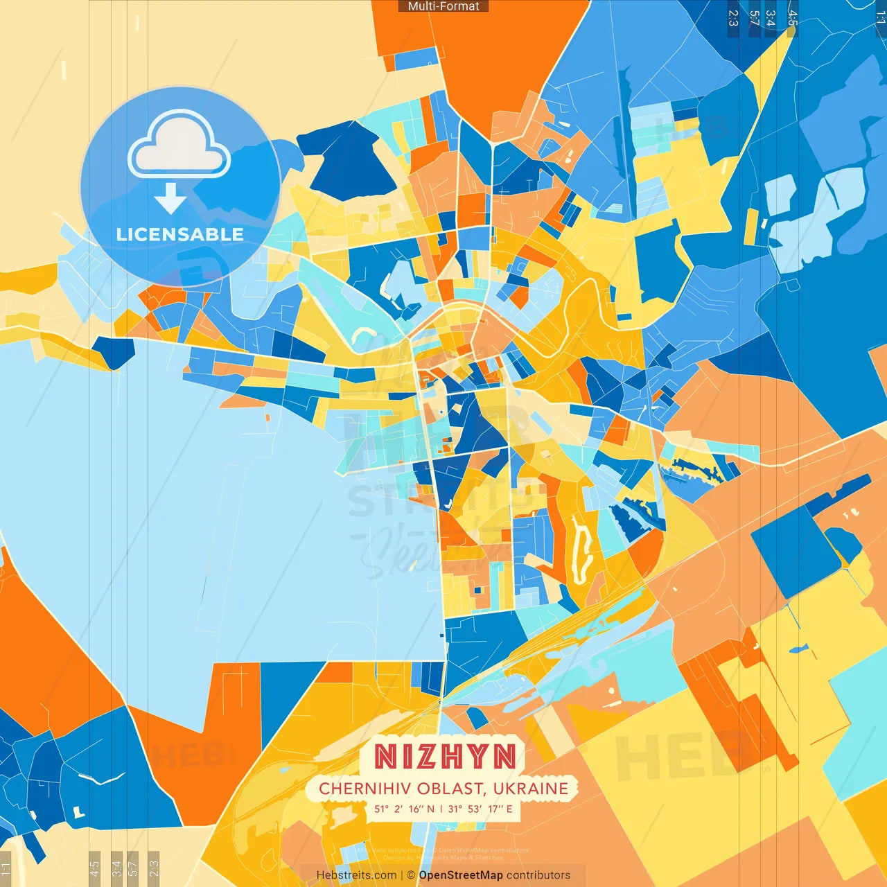 Nizhyn, Chernihiv Oblast, Ukraine blue and orange vector art map template