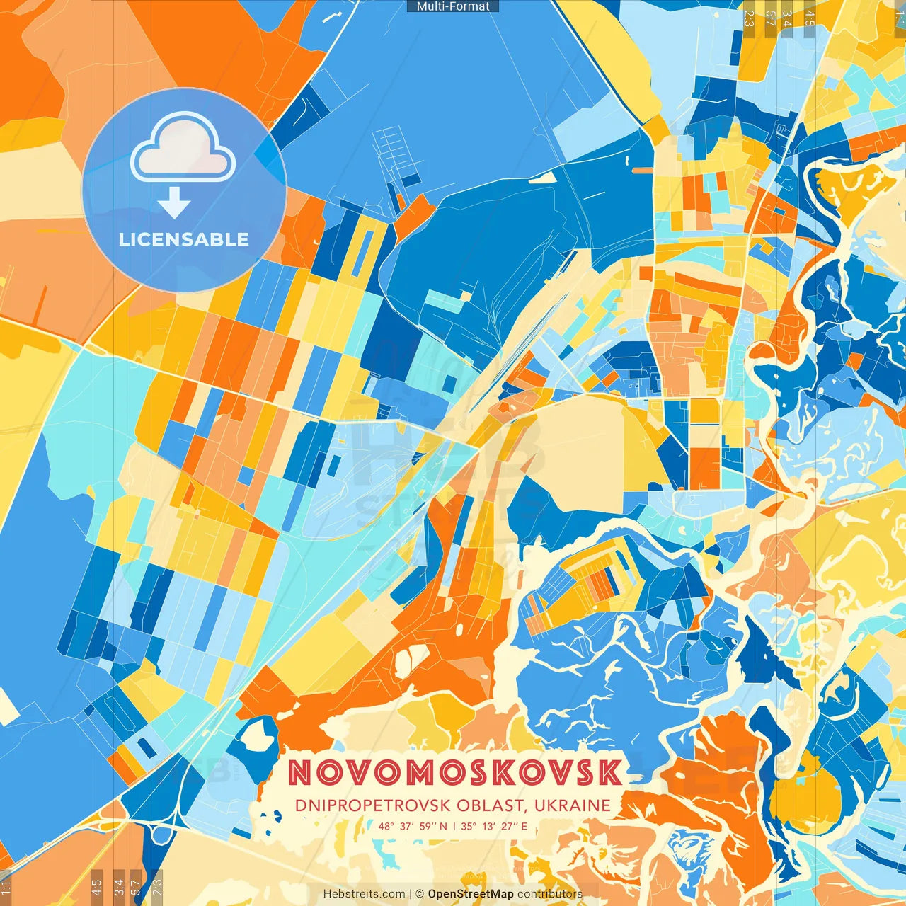 Novomoskovsk, Dnipropetrovsk Oblast, Ukraine blue and orange vector art map template