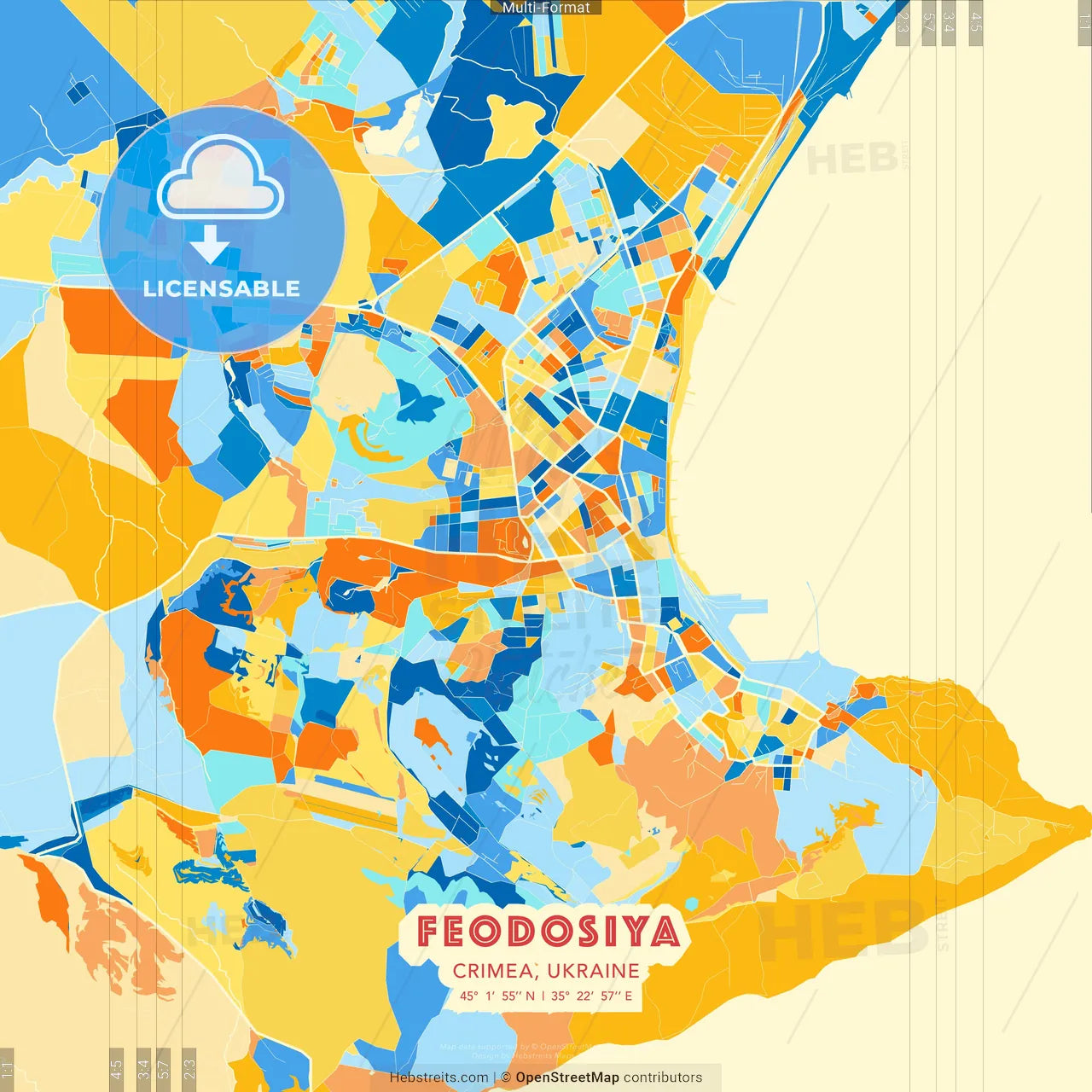 Feodosiya, Crimea, Ukraine blue and orange vector art map template