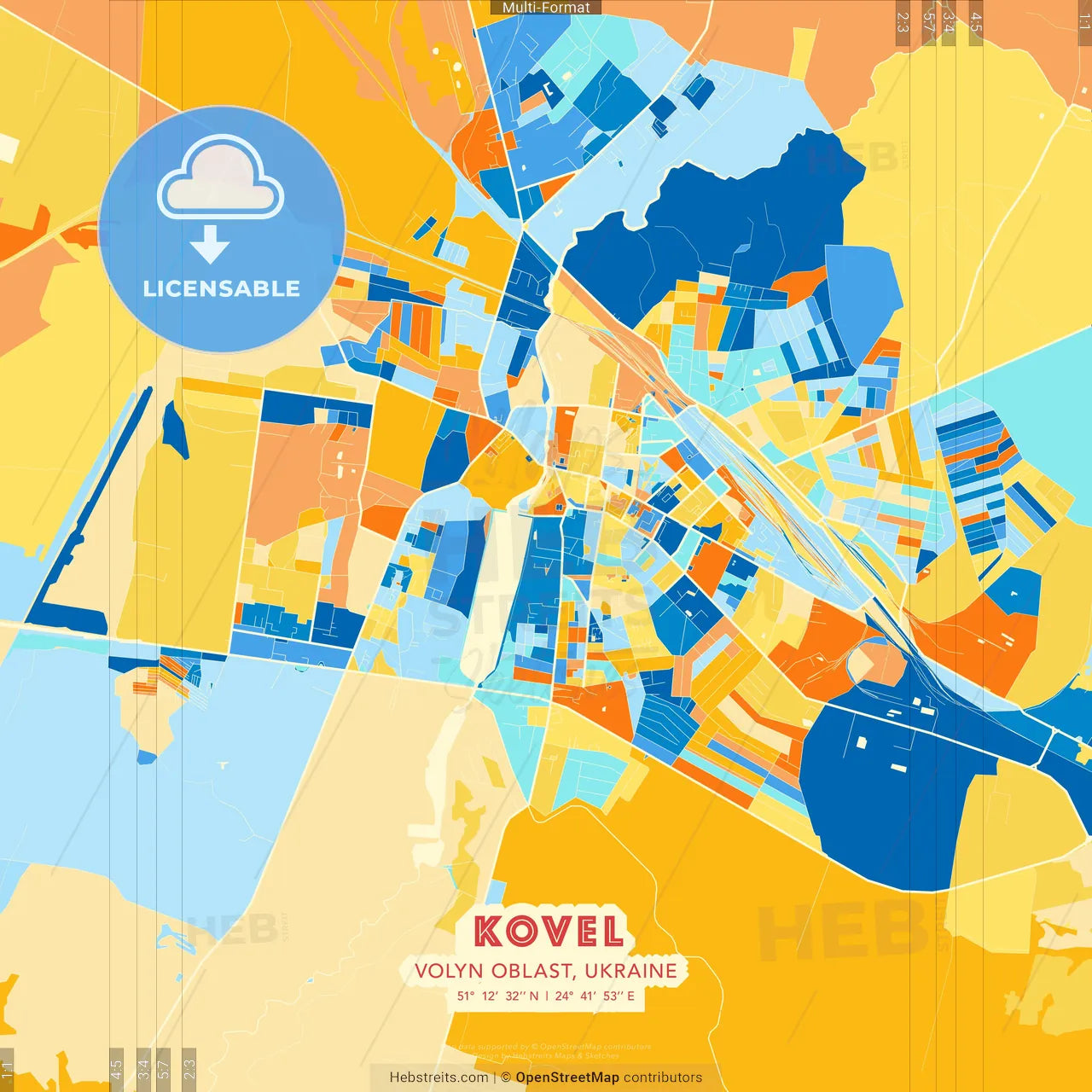 Kovel, Volyn Oblast, Ukraine blue and orange vector art map template