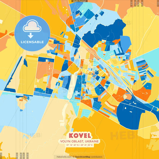 Kovel, Volyn Oblast, Ukraine blue and orange vector art map template