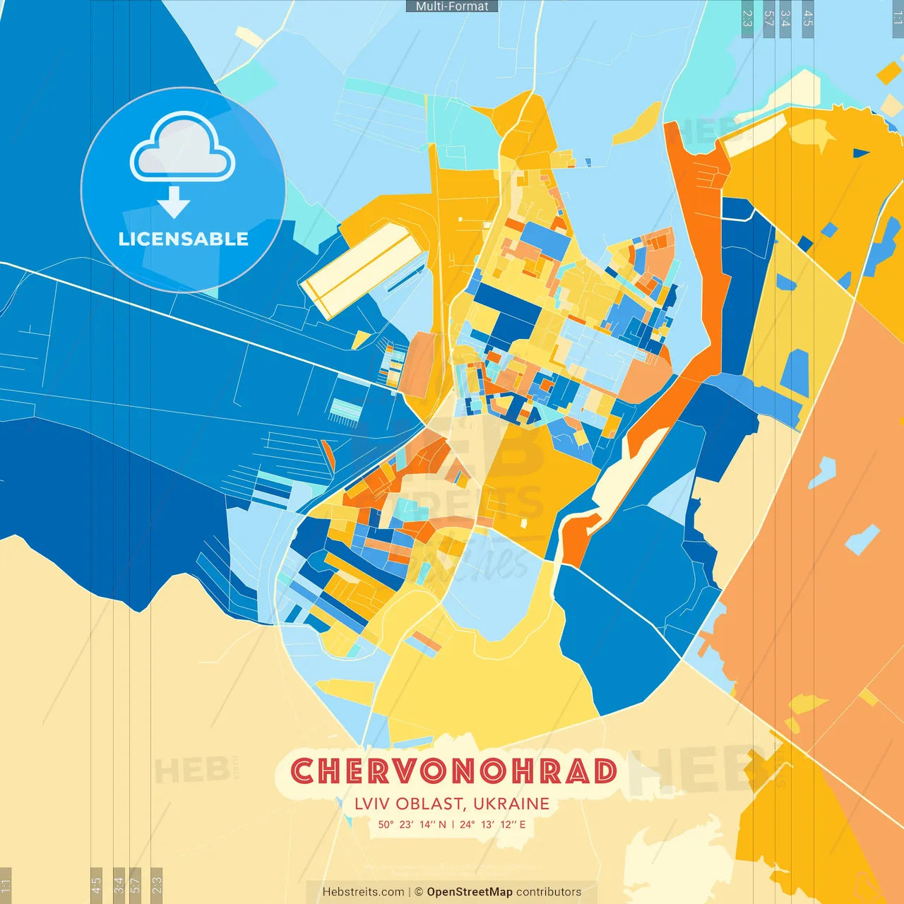 Chervonohrad, Lviv Oblast, Ukraine blue and orange vector art map template