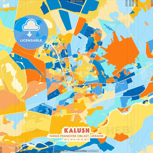 Kalush, Ivano-Frankivsk Oblast, Ukraine blue and orange vector art map template