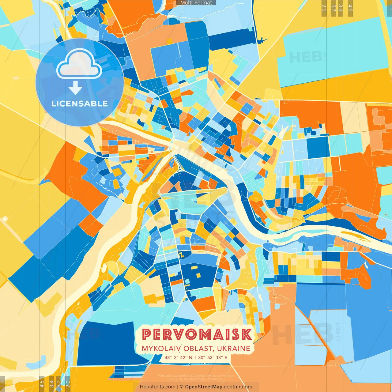 Pervomaisk, Mykolaiv Oblast, Ukraine blue and orange vector art map template