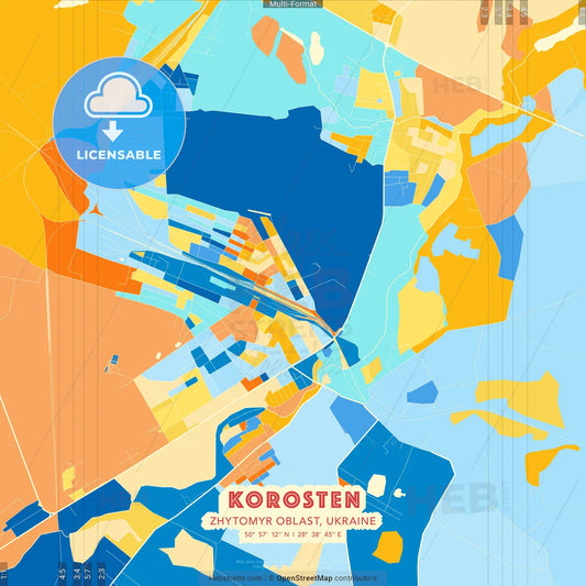 Korosten, Zhytomyr Oblast, Ukraine blue and orange vector art map template
