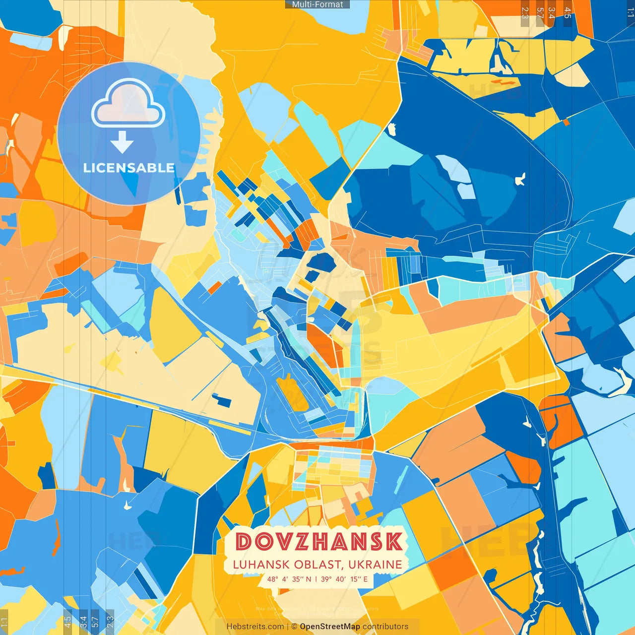 Dovzhansk, Luhansk Oblast, Ukraine blue and orange vector art map template
