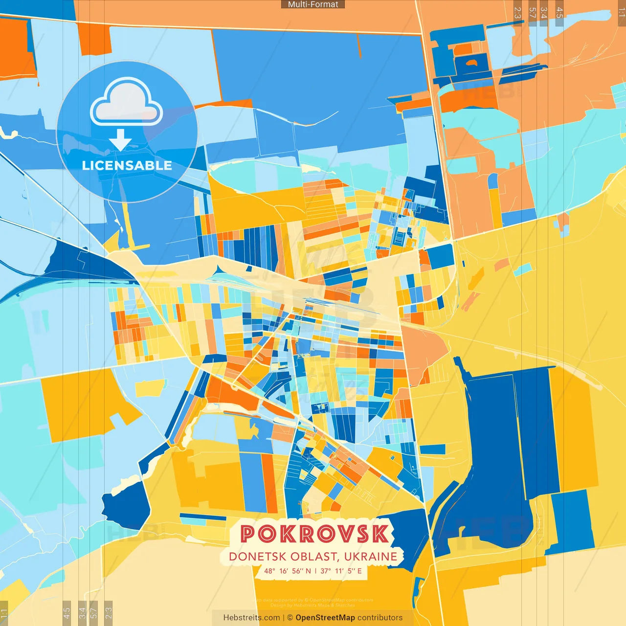 Pokrovsk, Donetsk Oblast, Ukraine blue and orange vector art map template
