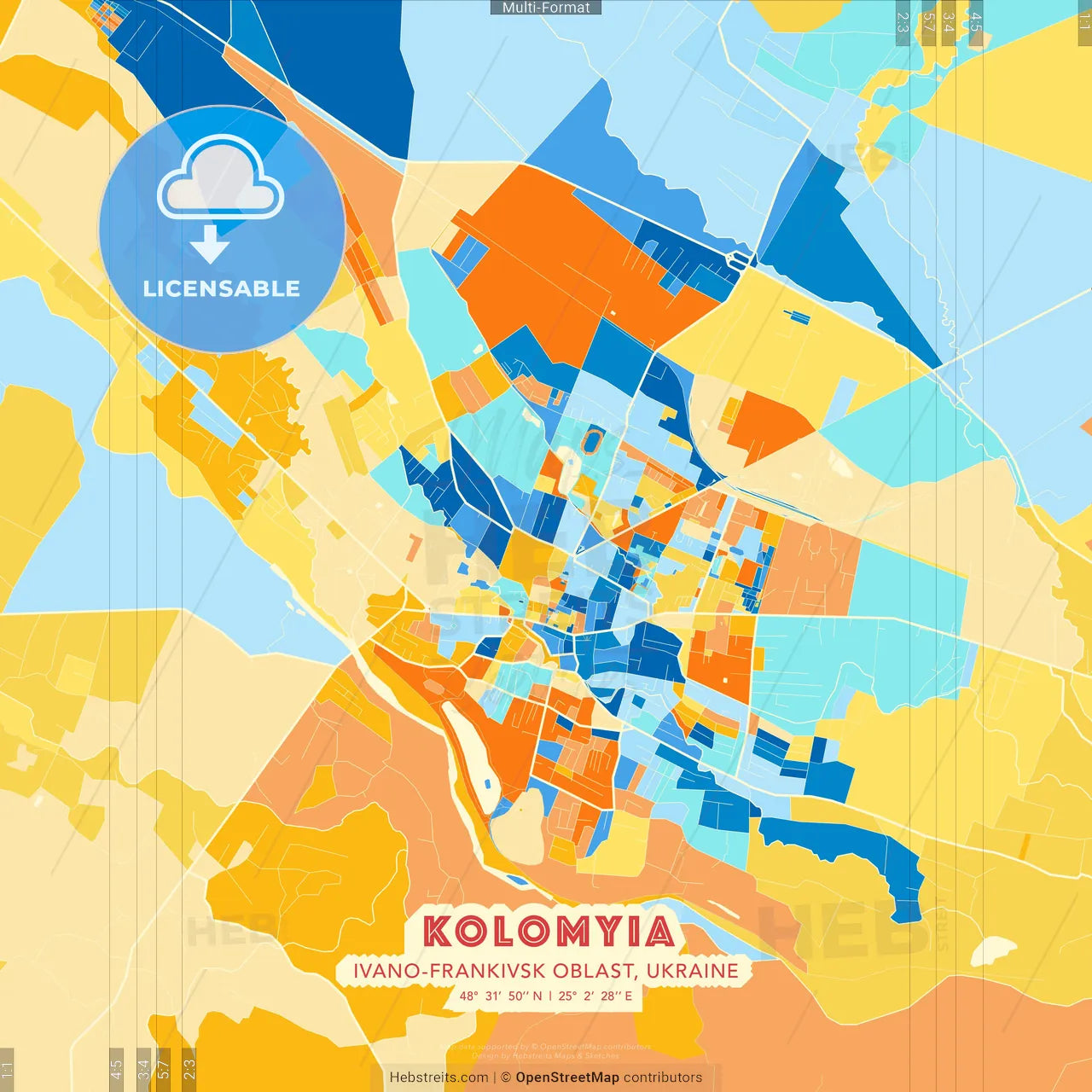 Kolomyia, Ivano-Frankivsk Oblast, Ukraine blue and orange vector art map template