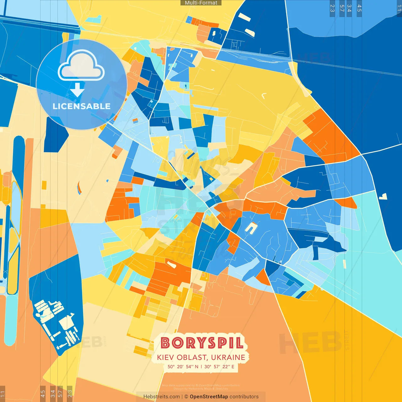 Boryspil, Kyiv Oblast, Ukraine blue and orange vector art map template