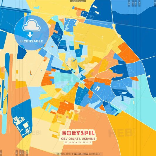 Boryspil, Kyiv Oblast, Ukraine blue and orange vector art map template