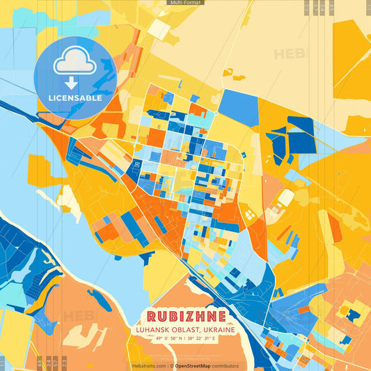 Rubizhne, Luhansk Oblast, Ukraine blue and orange vector art map template