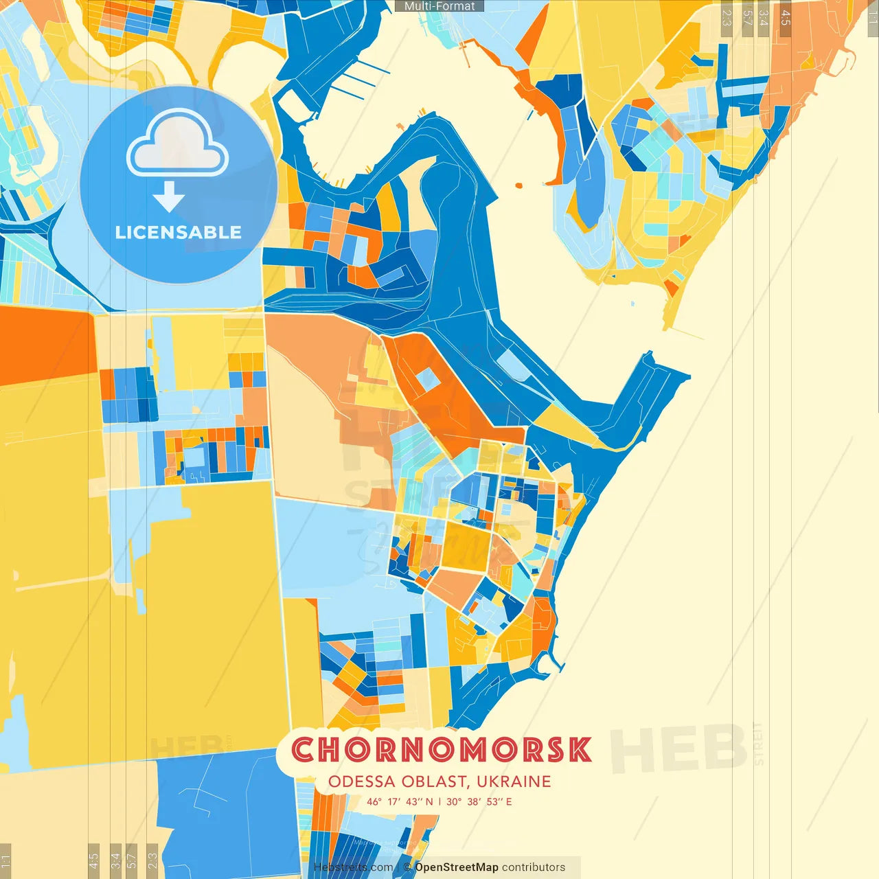 Chornomorsk, Odessa Oblast, Ukraine blue and orange vector art map template