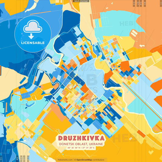 Druzhkivka, Donetsk Oblast, Ukraine blue and orange vector art map template