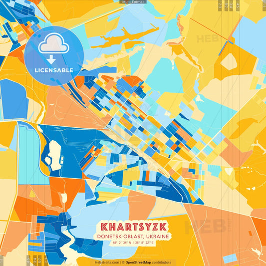 Khartsyzk, Donetsk Oblast, Ukraine blue and orange vector art map template