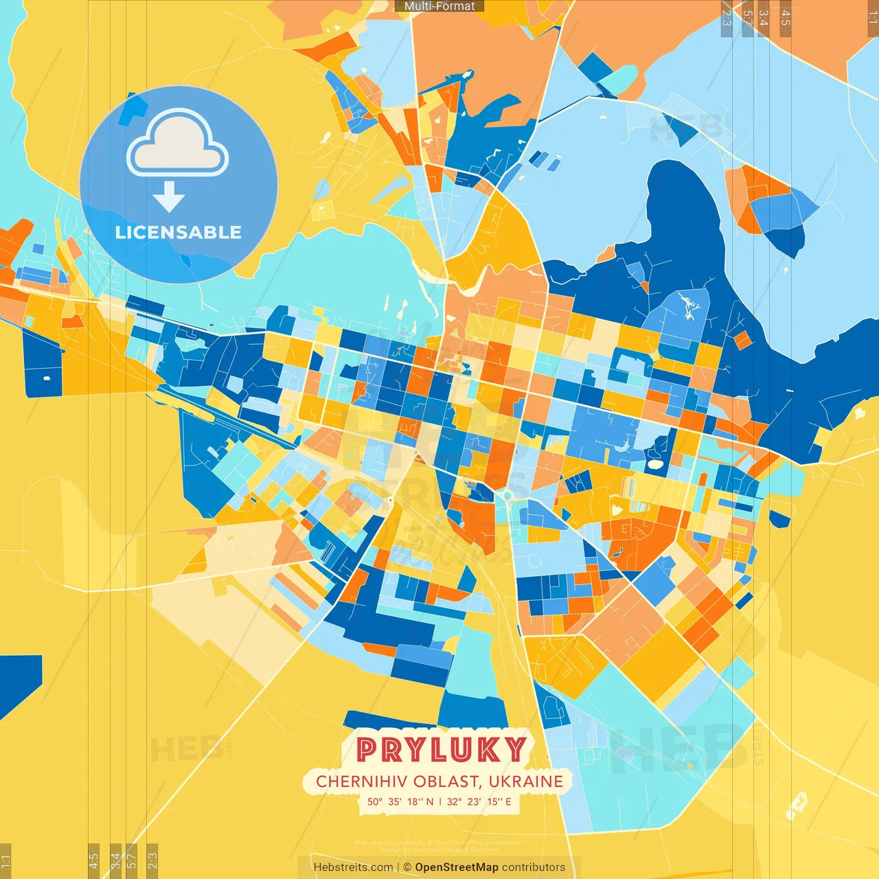Pryluky, Chernihiv Oblast, Ukraine blue and orange vector art map template
