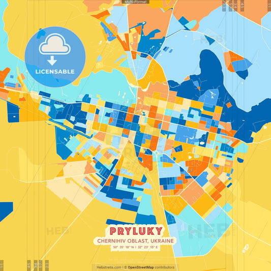 Pryluky, Chernihiv Oblast, Ukraine blue and orange vector art map template