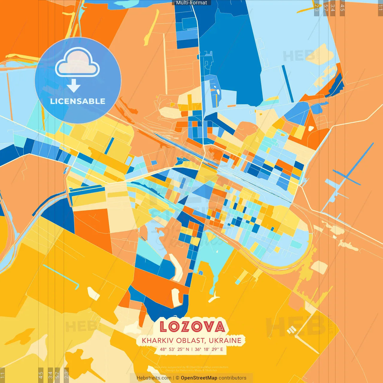 Lozova, Kharkiv Oblast, Ukraine blue and orange vector art map template