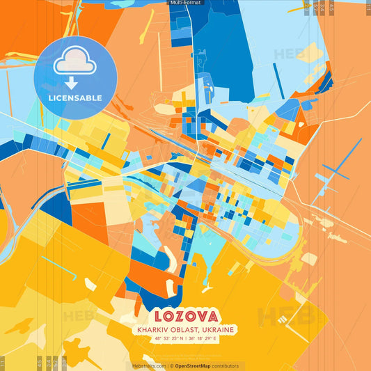 Lozova, Kharkiv Oblast, Ukraine blue and orange vector art map template