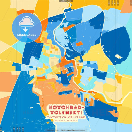 Novohrad-Volynskyi, Zhytomyr Oblast, Ukraine blue and orange vector art map template