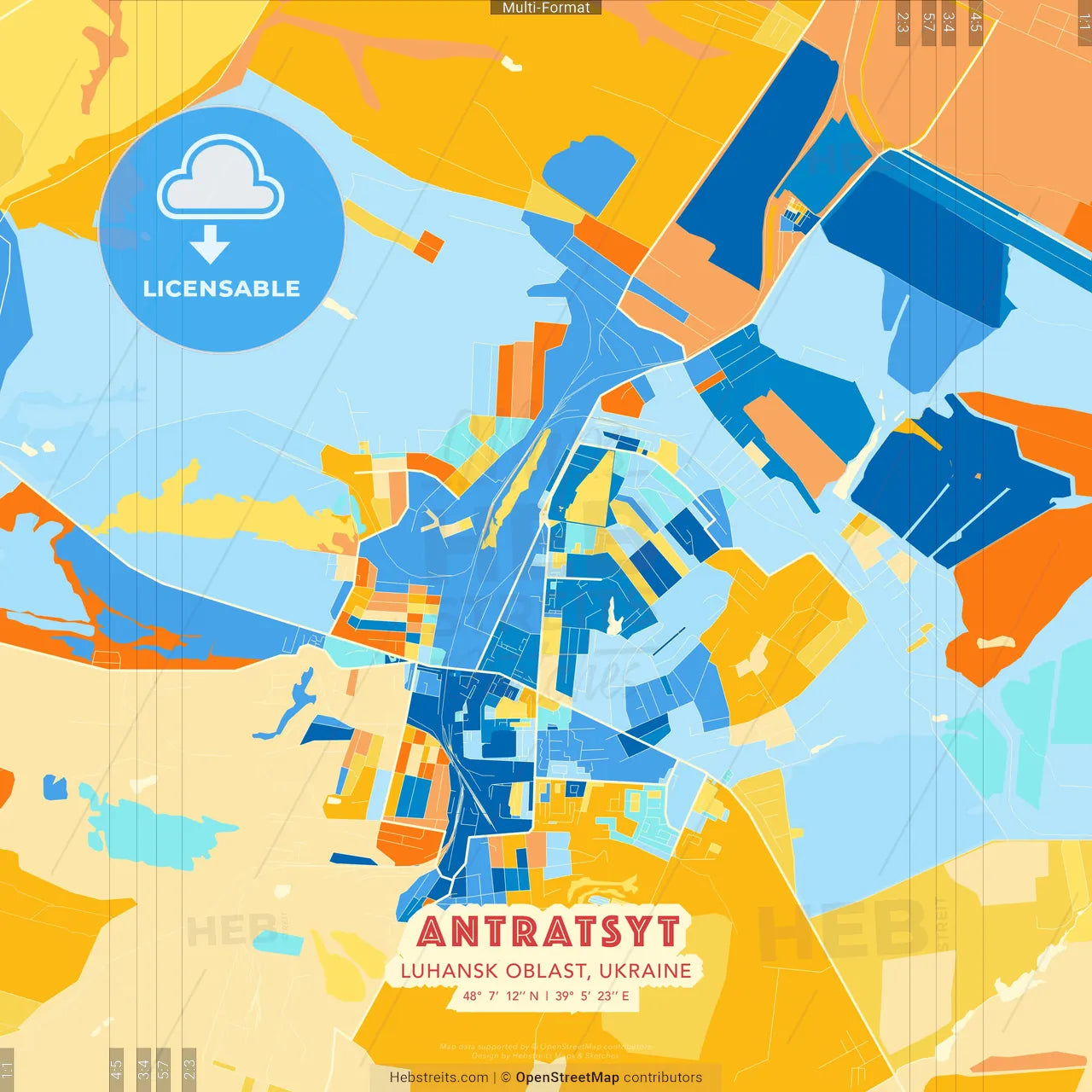 Antratsyt, Luhansk Oblast, Ukraine blue and orange vector art map template