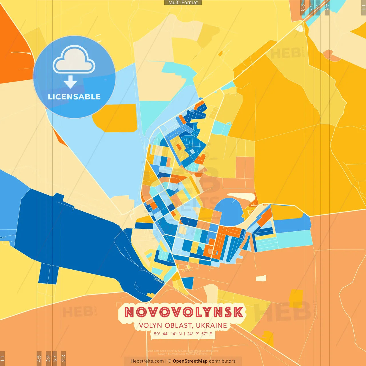 Novovolynsk, Volyn Oblast, Ukraine blue and orange vector art map template