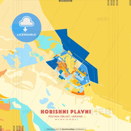 Horishni Plavni, Poltava Oblast, Ukraine blue and orange vector art map template